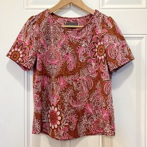 Anthropologie Demeter Paisley Floral Short Sleeve Blouse in Red Motif Size M